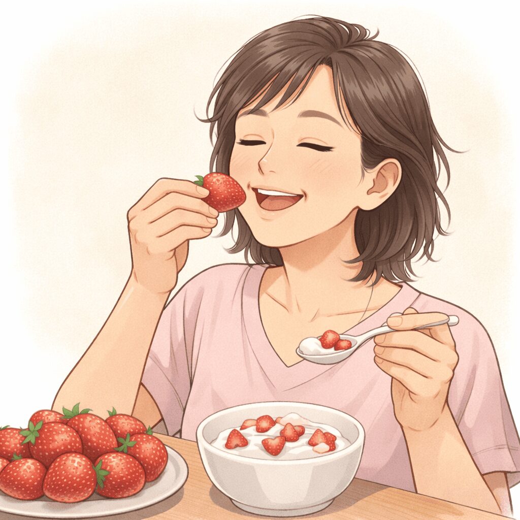 イチゴとヨーグルトを美味しそうに食べる50代女性の朝食イメージ