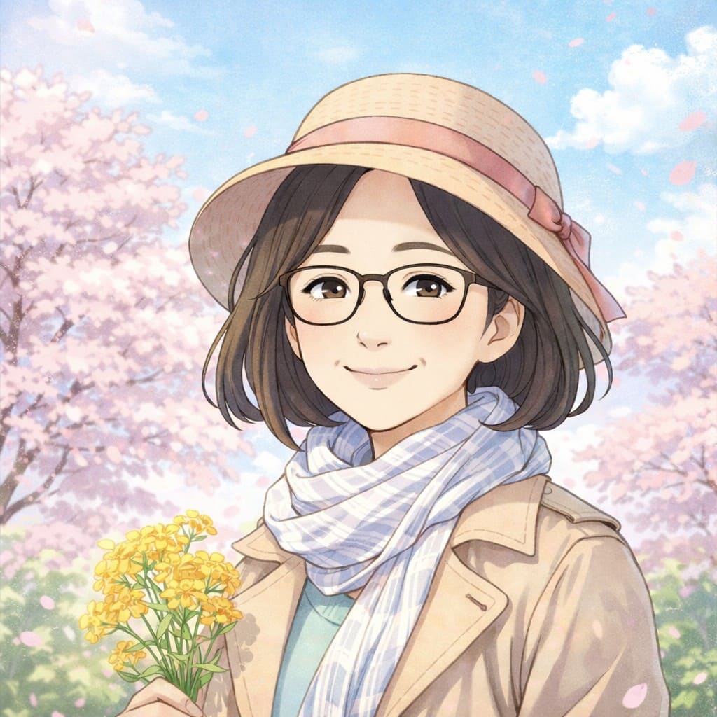 春の公園で花を持ち微笑む50代女性TAKAKOのイラスト。季節の変わり目である3月の頭皮と髪のゆらぎケアをイメージ。