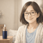 室内で微笑む50代女性TAKAKOとテーブルに置かれた高級感のある育毛剤ボトルのイメージ。大人女性の髪と頭皮ケアを表現したアイキャッチ画像。