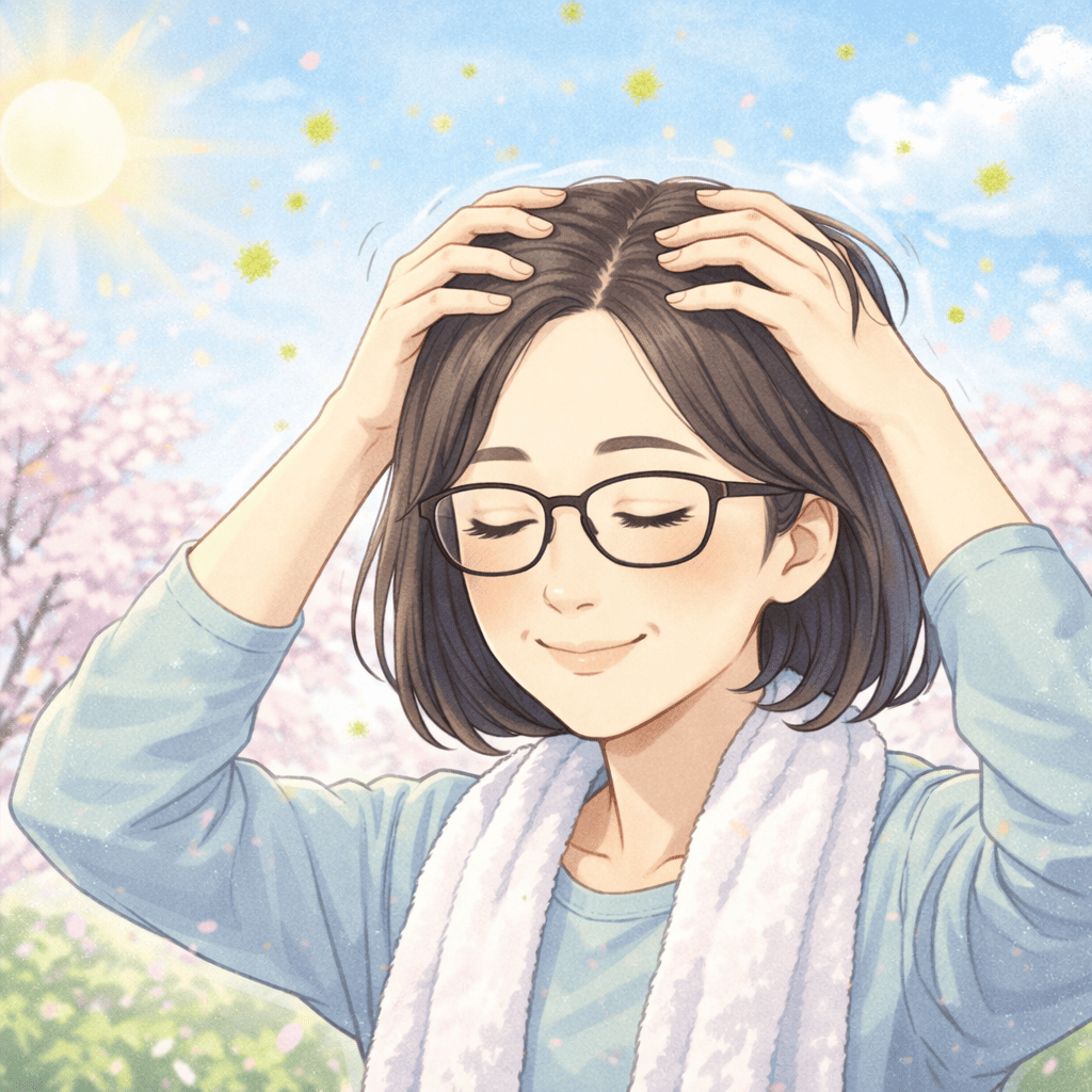 春のゆらぎ対策として自宅で頭皮マッサージを行う50代女性TAKAKOのイラスト。花粉や寒暖差が気になる3月の頭皮ケアをイメージ。