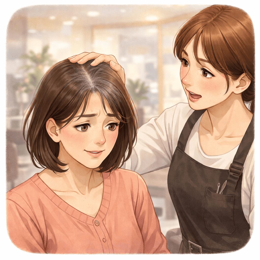 美容院で分け目の薄さや髪が細くなったことを指摘される50代女性のイラスト