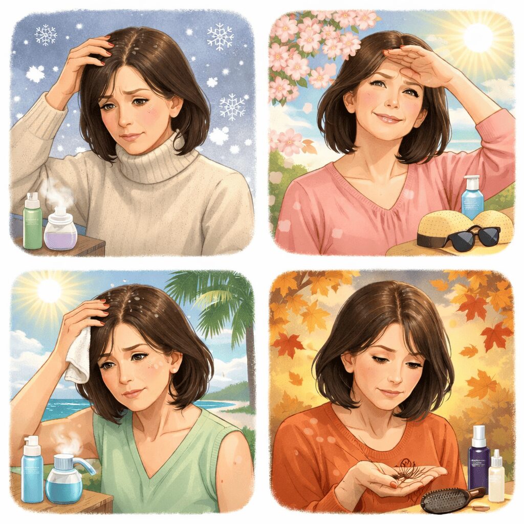 50代女性の髪と頭皮の季節変化｜冬の乾燥・春の紫外線・夏の皮脂・秋の抜け毛を表したイラスト