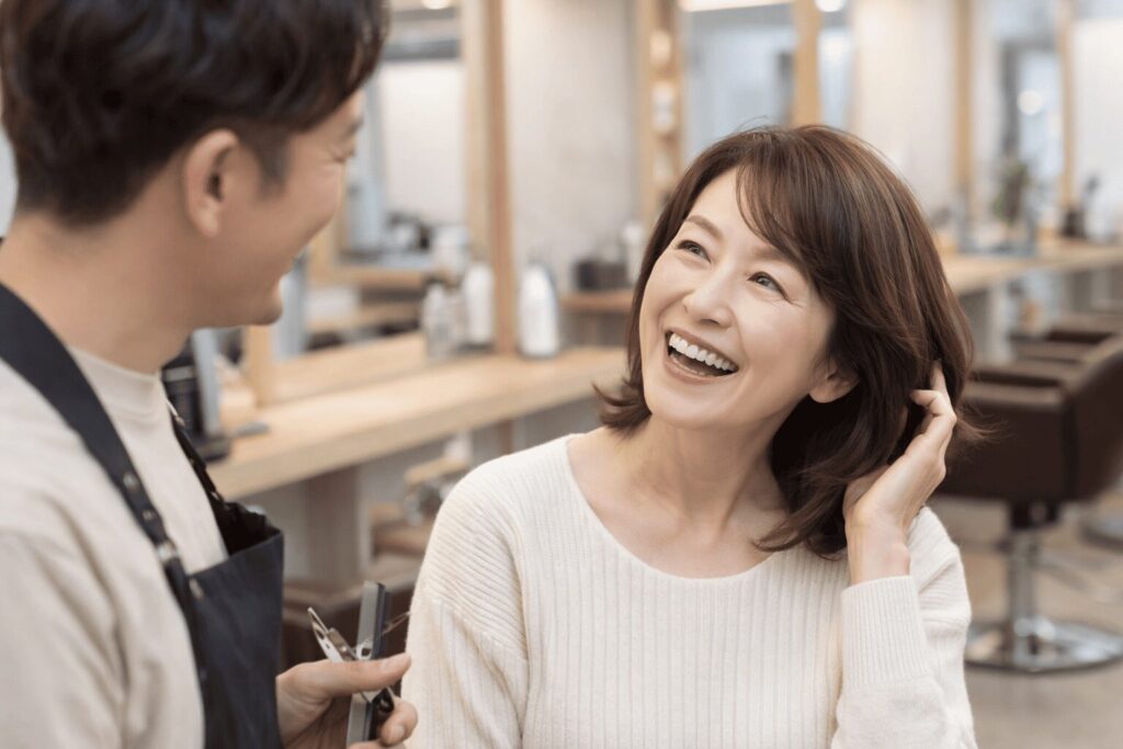 美容室で髪のコンディションを褒められて嬉しそうに話す50代女性