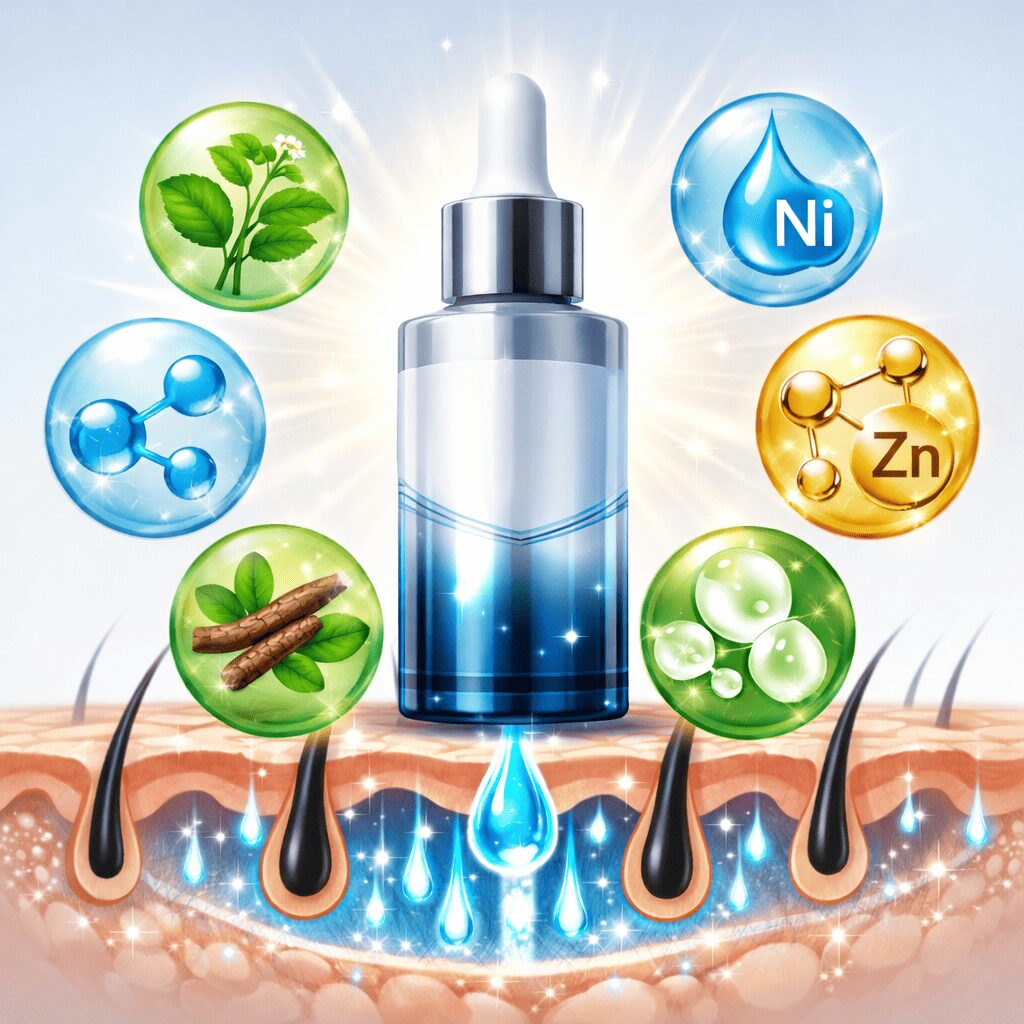 オーリムスカルプセラムβの6種類の有効成分を示したイラスト