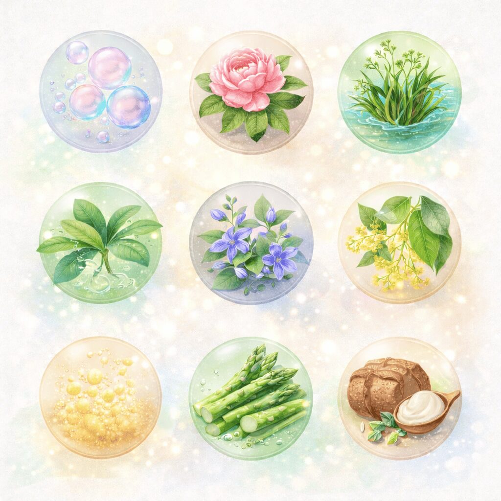 セリンや牡丹エキス、海藻エキスなど天然由来の9種類の頭皮ケア成分をイメージしたイラスト