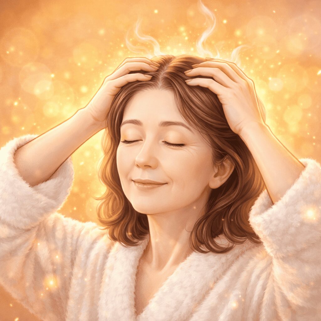 50代女性が気持ちよく頭皮マッサージをして血行が良くなり温かさを感じているイメージ